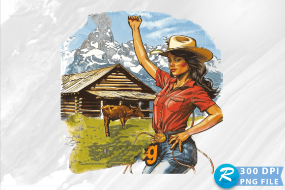 Cowgirl in Cows and Mountains Clipart