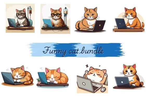 Funny Lazy Cat Working on Laptop Bundle